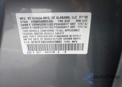 2009 Honda Pilot Ex-L из США, поврежденный, VIN 5FNYF38639B009883